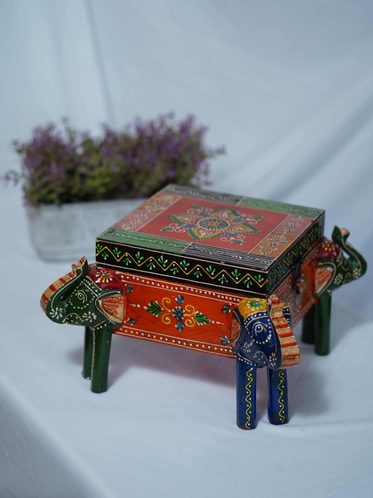 Elements of Piharwa Colorful Four Face Elephant Wooden Box with Legs