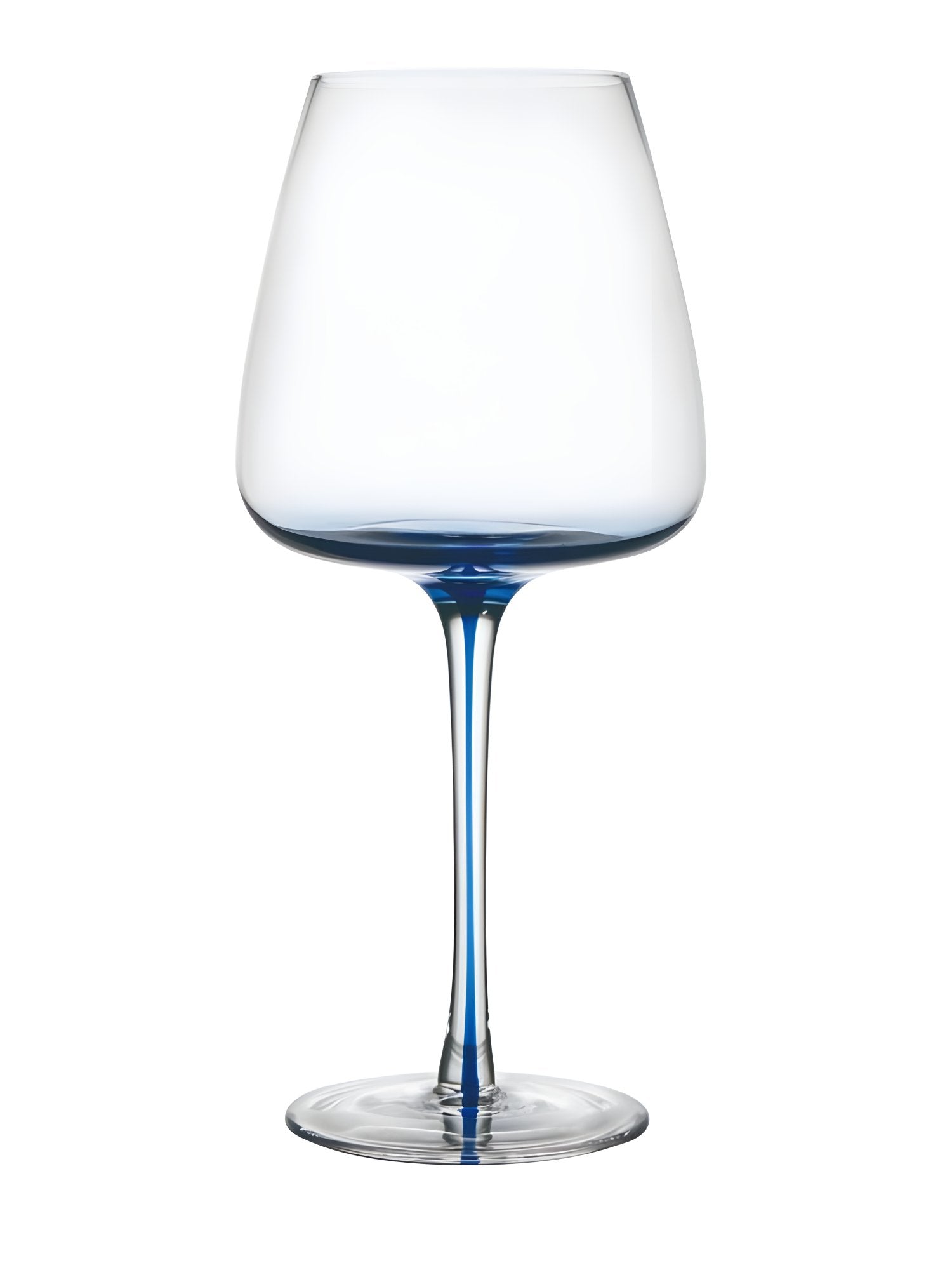 A single Marina blue wine glass with a stem, filled with a blue liquid, reflecting light from a surface.