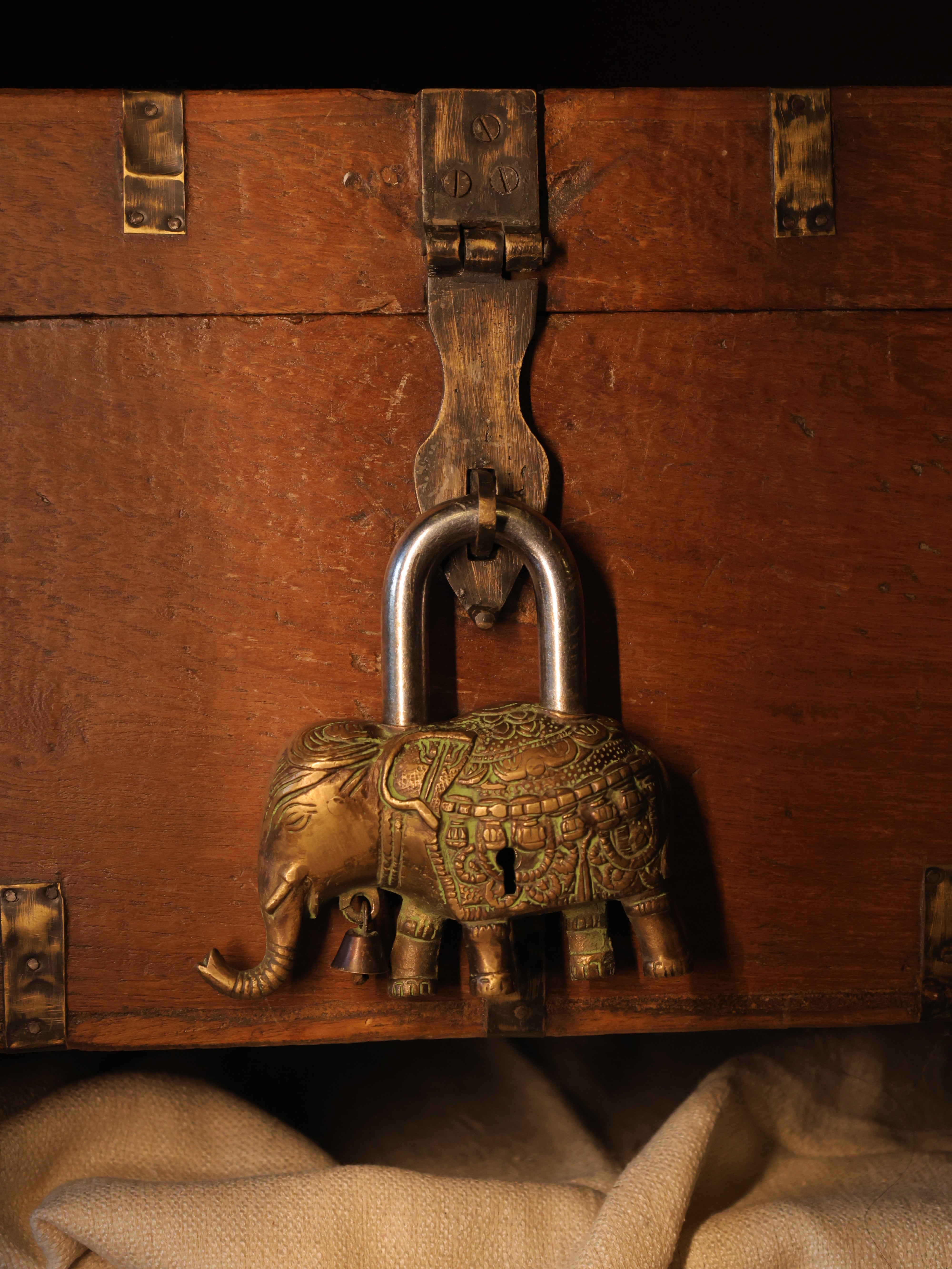 Decorative padlock on a wooden door with a textured surface