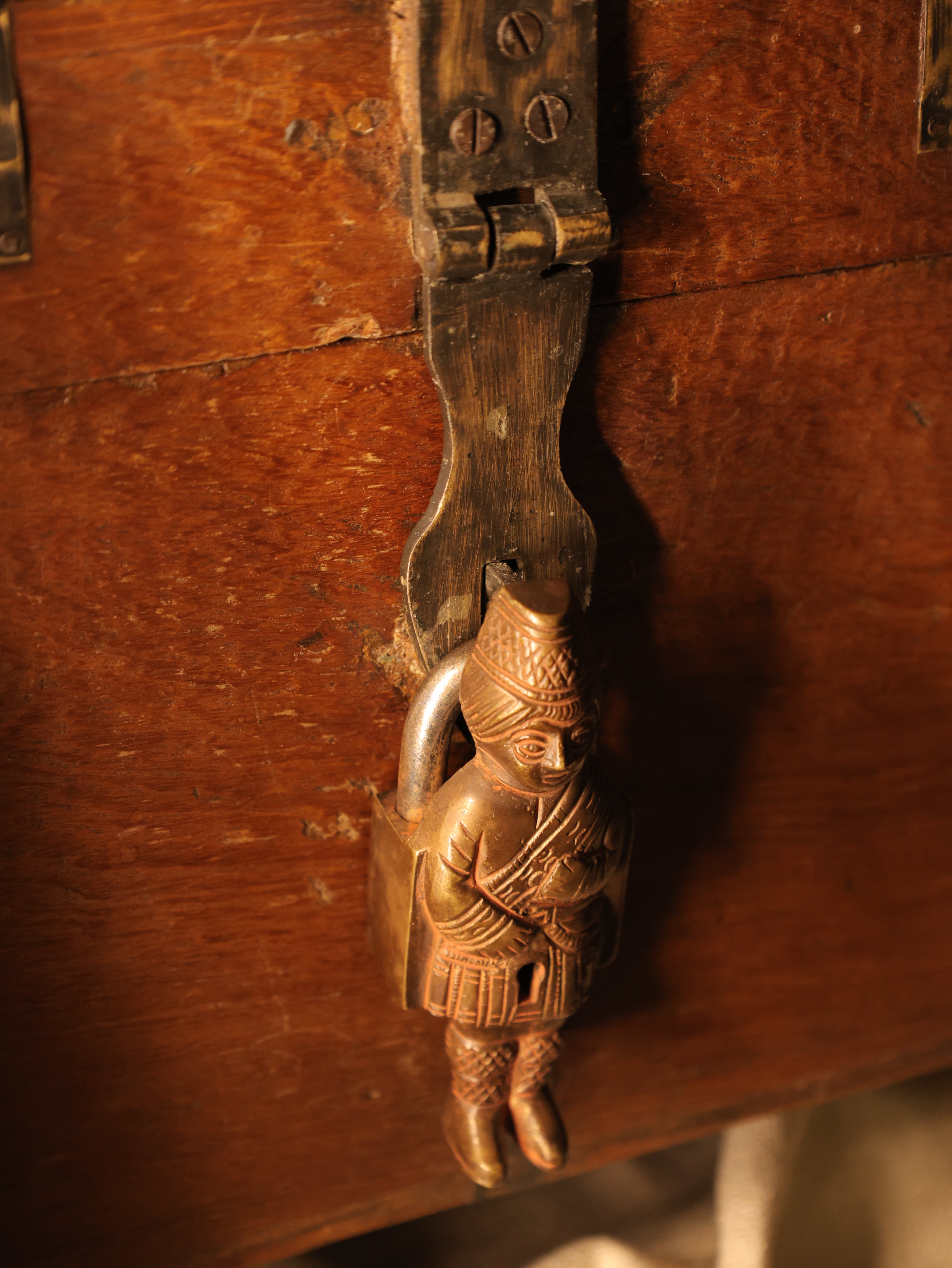 Decorative wooden door with a brass handle and lock
