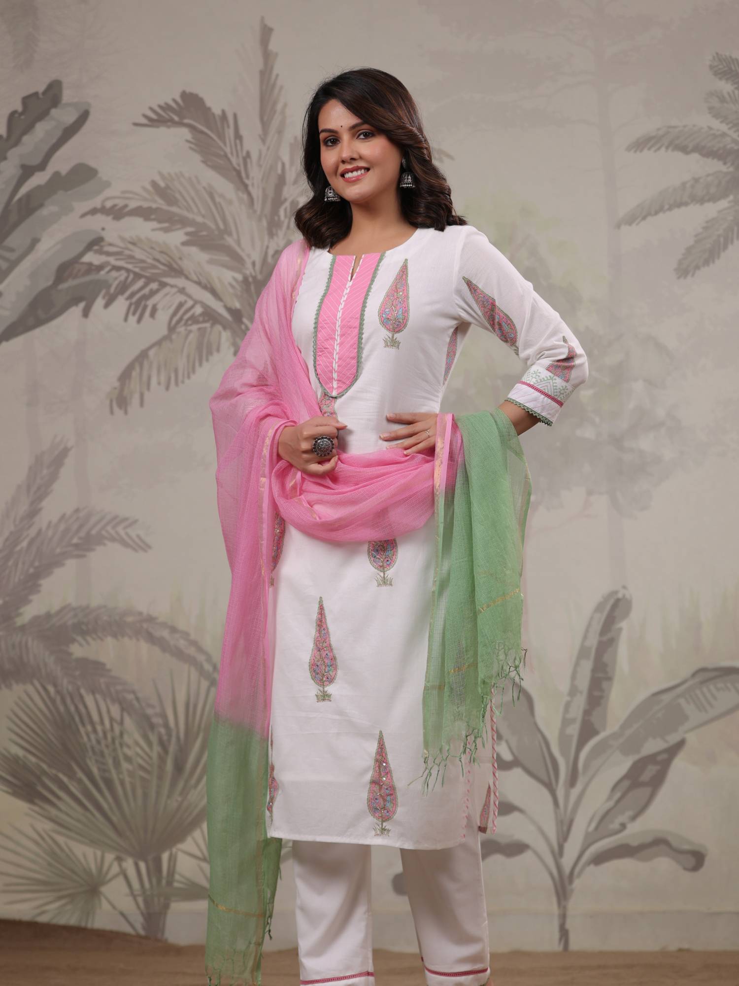 Piharwa Cotton Block Print Handwork Suit White & Pink