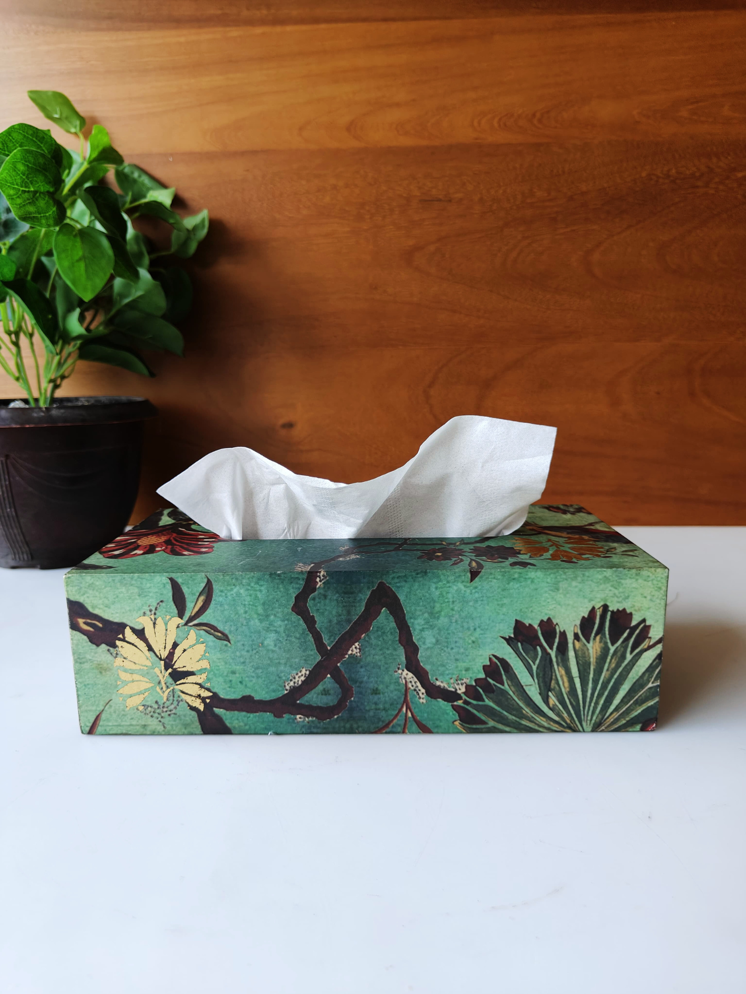 Elements of piharwa Floral Tapestry Tissue Holder Green