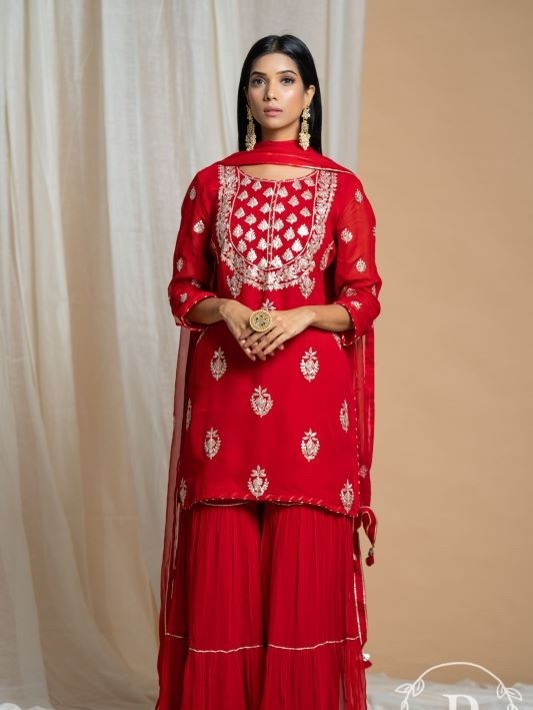 Piharwa Red Georgette Sharara Set