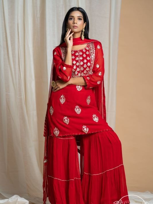 Piharwa Red Georgette Sharara Set