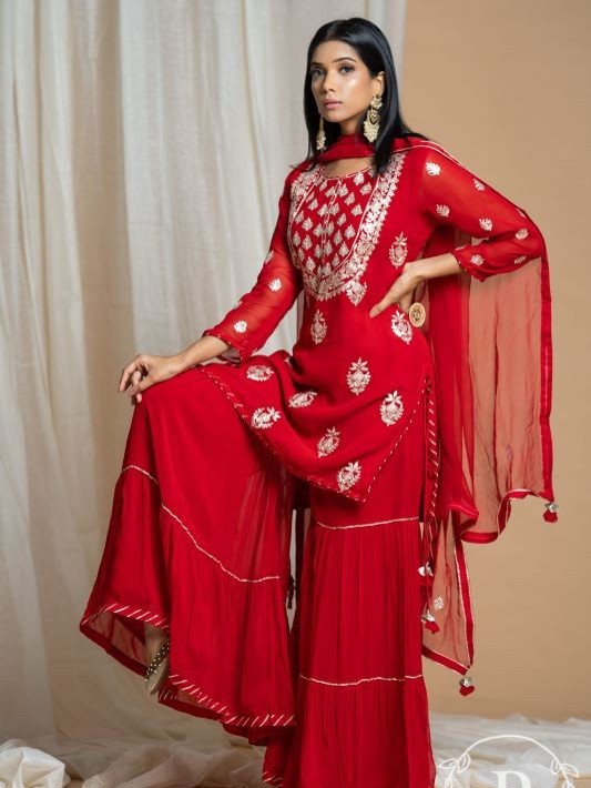 Piharwa Red Georgette Sharara Set