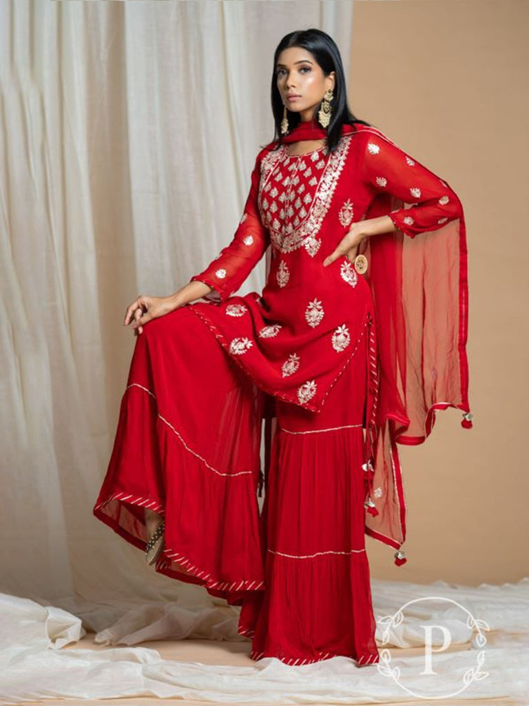 Piharwa Red Georgette Sharara Set