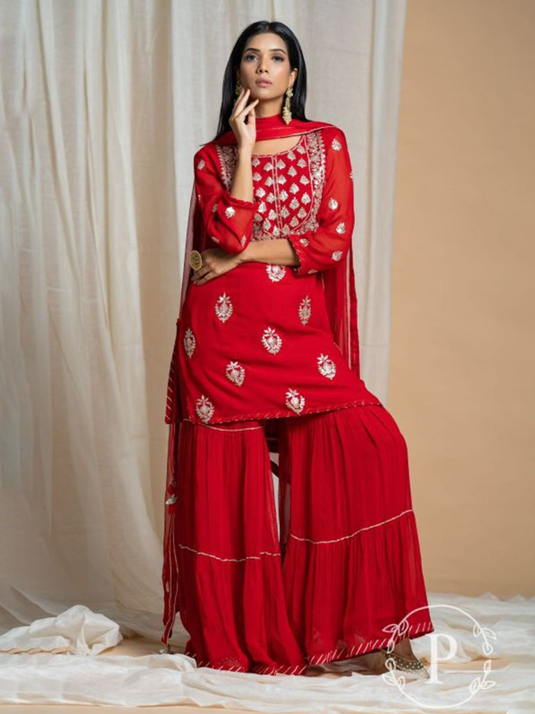 Piharwa Red Georgette Sharara Set