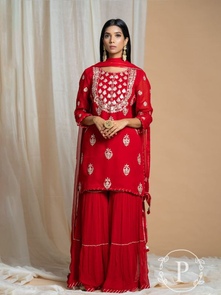 Piharwa Red Georgette Sharara Set