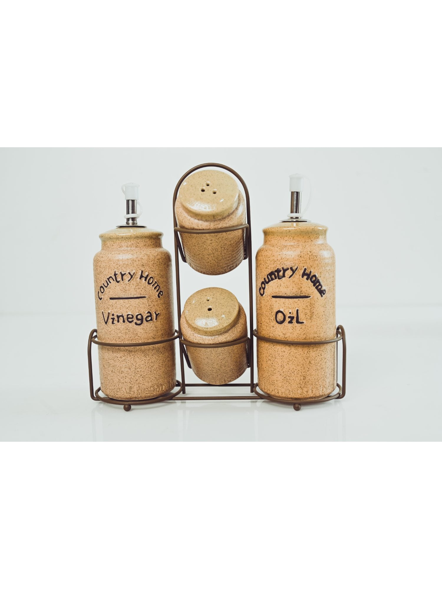 Elements of Piharwa vinegar and oil dispenser and salt and pepper shaker with stand