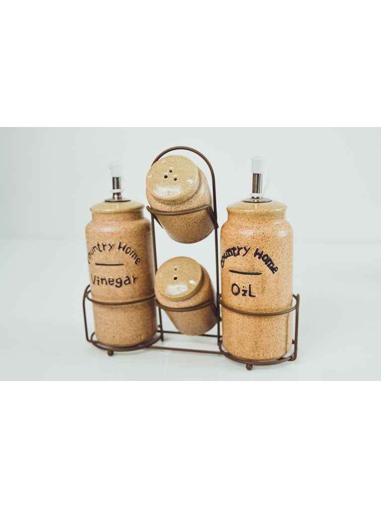 Elements of Piharwa vinegar and oil dispenser and salt and pepper shaker with stand