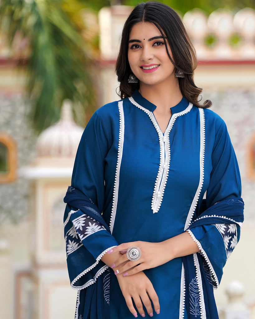 Piharwa Rayon Blue Readymade Suit Dupatta Set