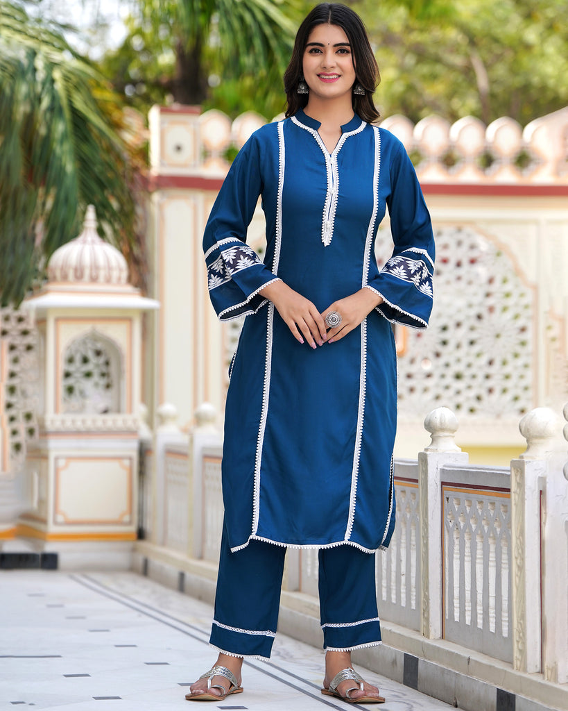 Piharwa Rayon Blue Readymade Suit Dupatta Set