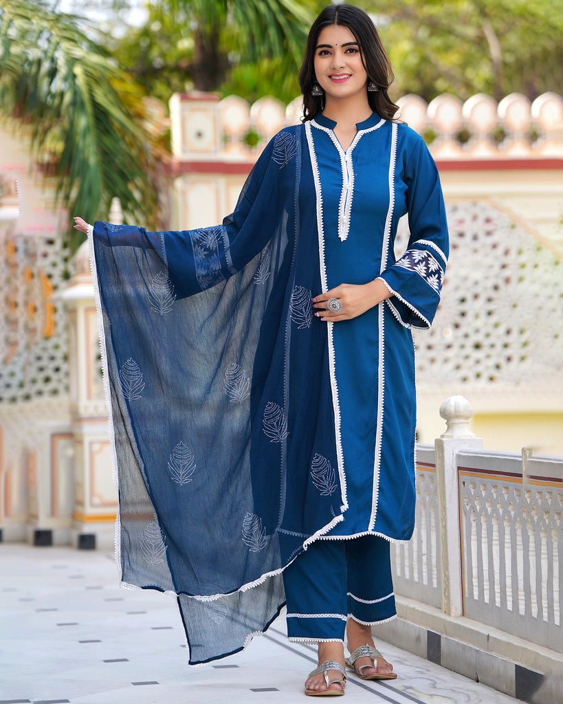 Piharwa Rayon Blue Readymade Suit Dupatta Set