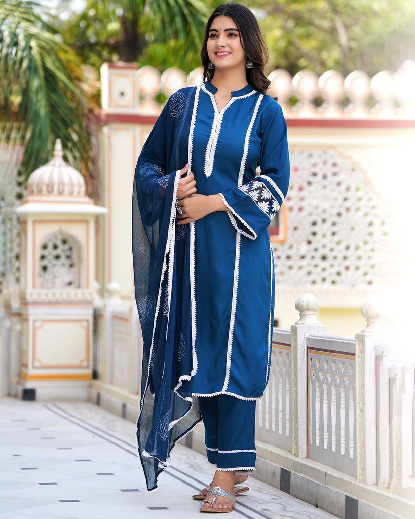 Piharwa Rayon Blue Readymade Suit Dupatta Set