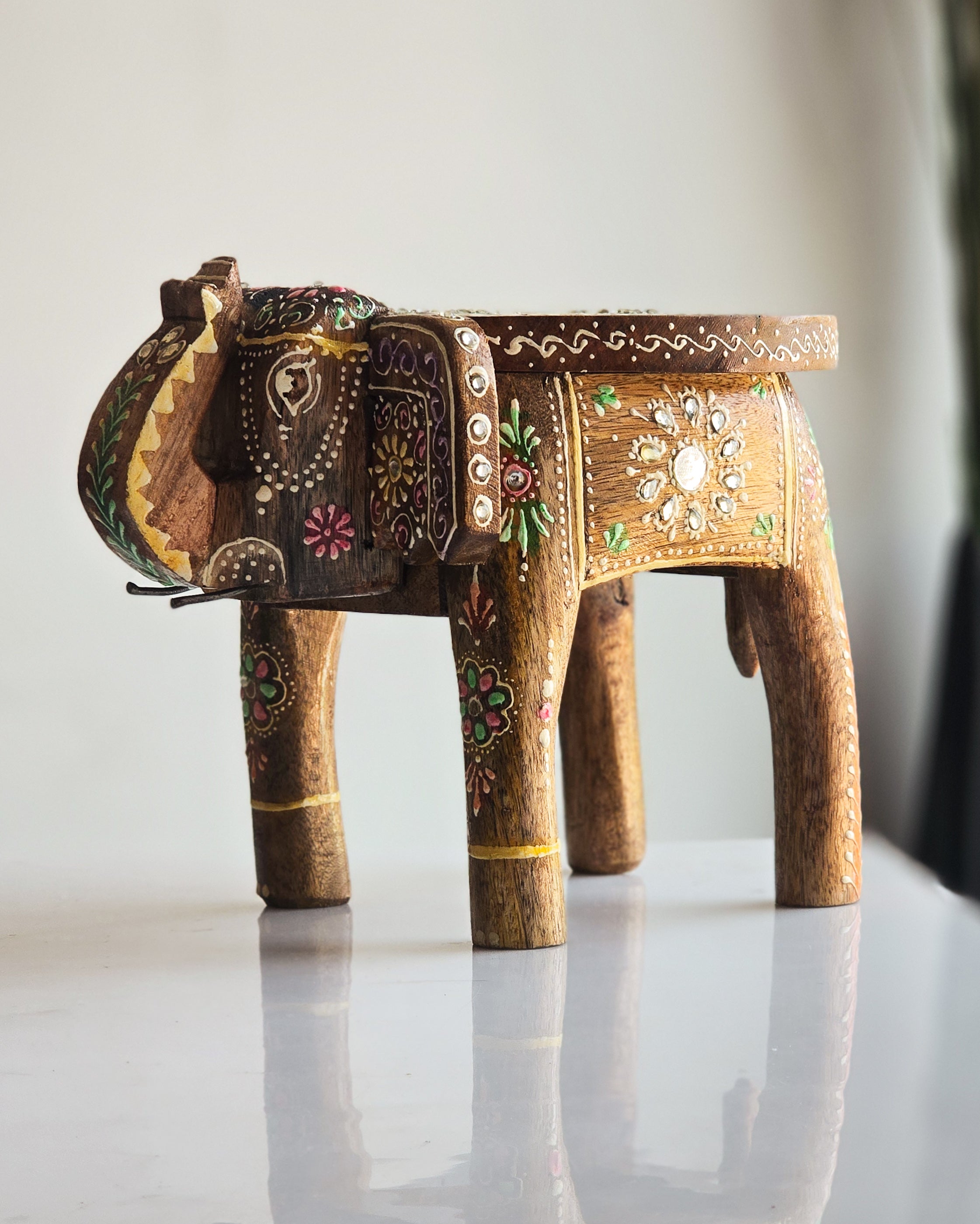 Elements of Piharwa Handcrafted Elephant Bust Side Stool Brown - Mirror Work