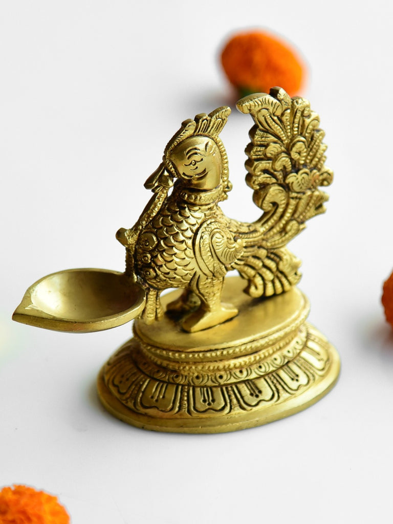 Elements of Piharwa Handcrafted Pure Brass Peacock Camphor Diya golden