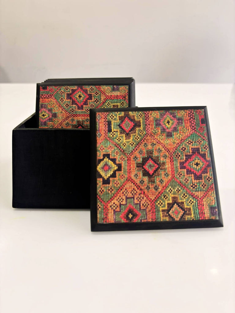 Elements of Piharwa Kilim Pattern Wooden Coasters (Set of 6)