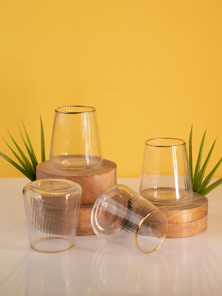 Elements of Piharwa Ribbed Whisky Glass with Golden Rim - Set of 4