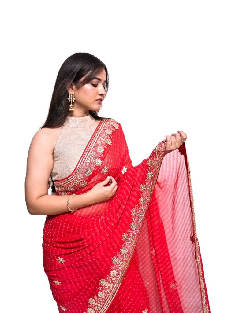 Piharwa Red Bandhej Saree With Gotta Patti Work