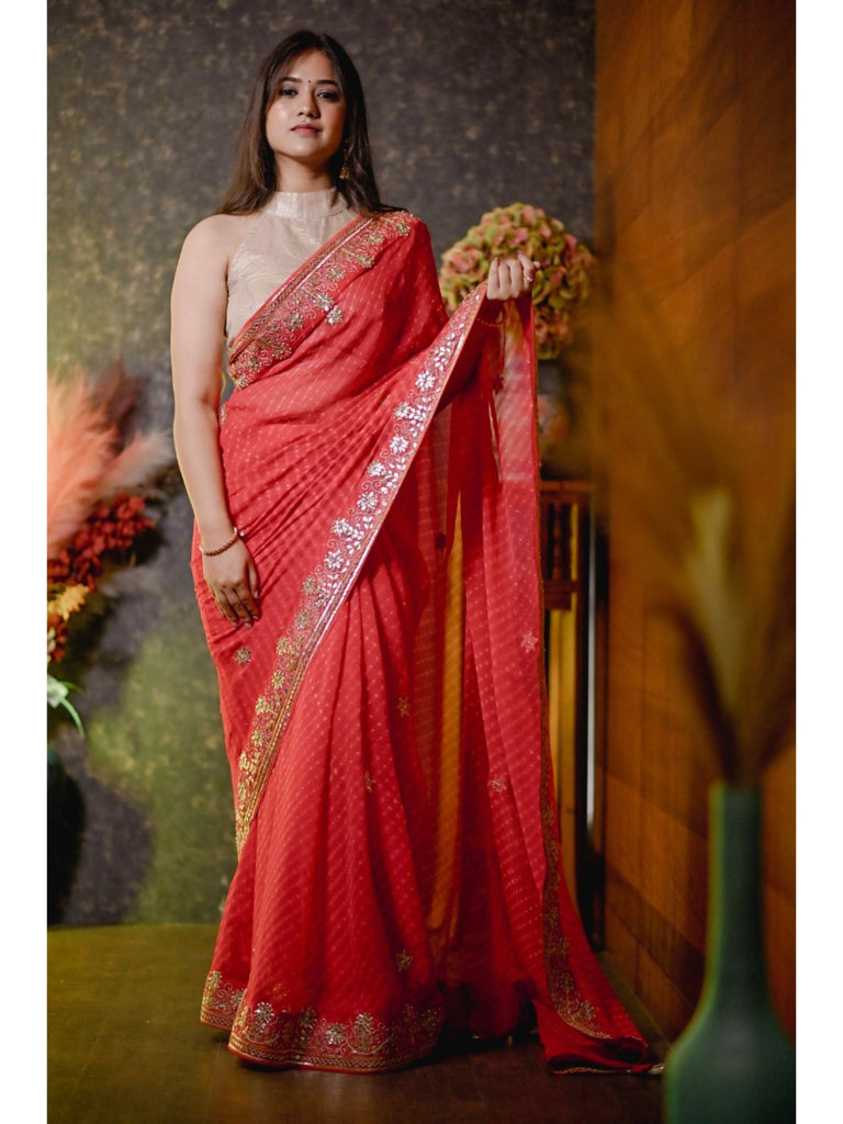 Piharwa Red Bandhej Saree With Gotta Patti Work