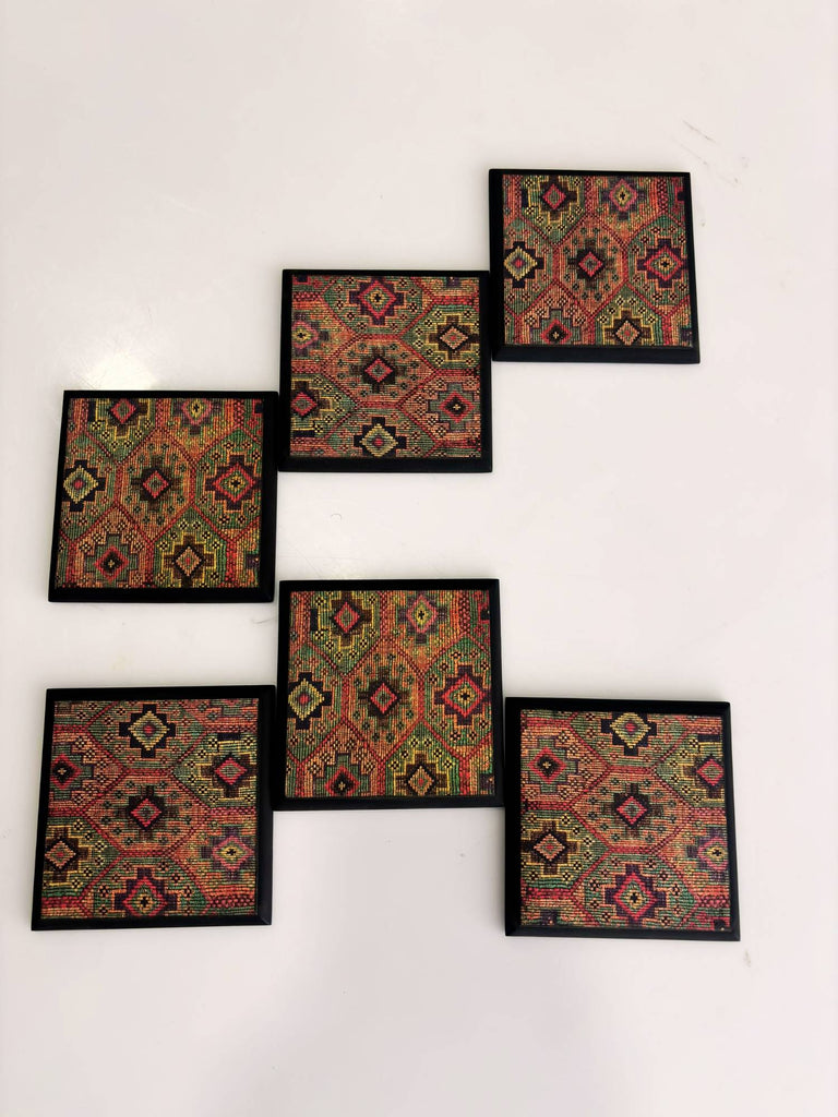 Elements of Piharwa Kilim Pattern Wooden Coasters (Set of 6)