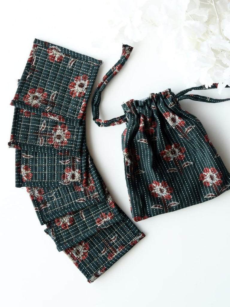 Piharwa Hand Made Fabric Coasters with Potli (Set Of 6)
