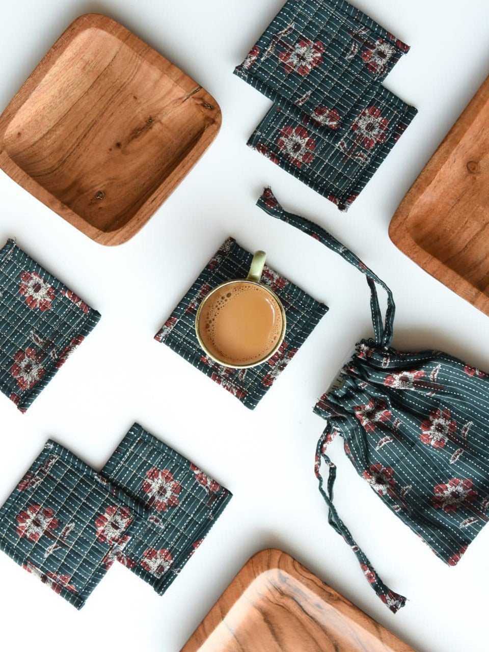 Piharwa Hand Made Fabric Coasters with Potli (Set Of 6)