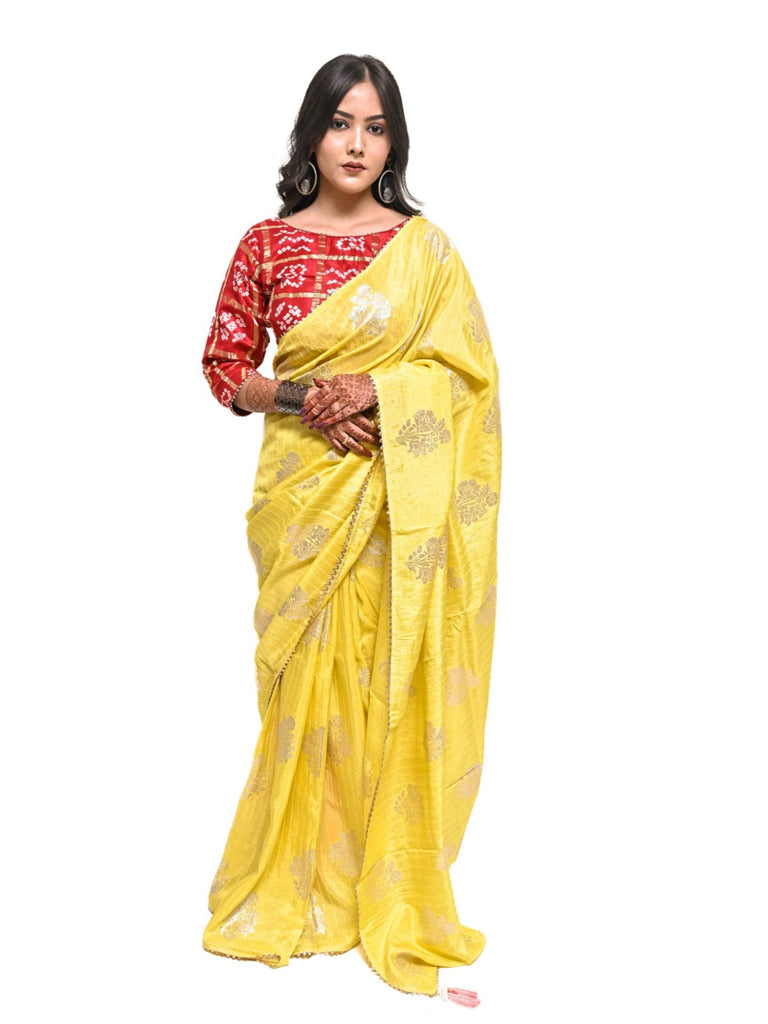 Piharwa Yellow Dola Silk Saree With Zari Work And Readymade Bandhej Blouse