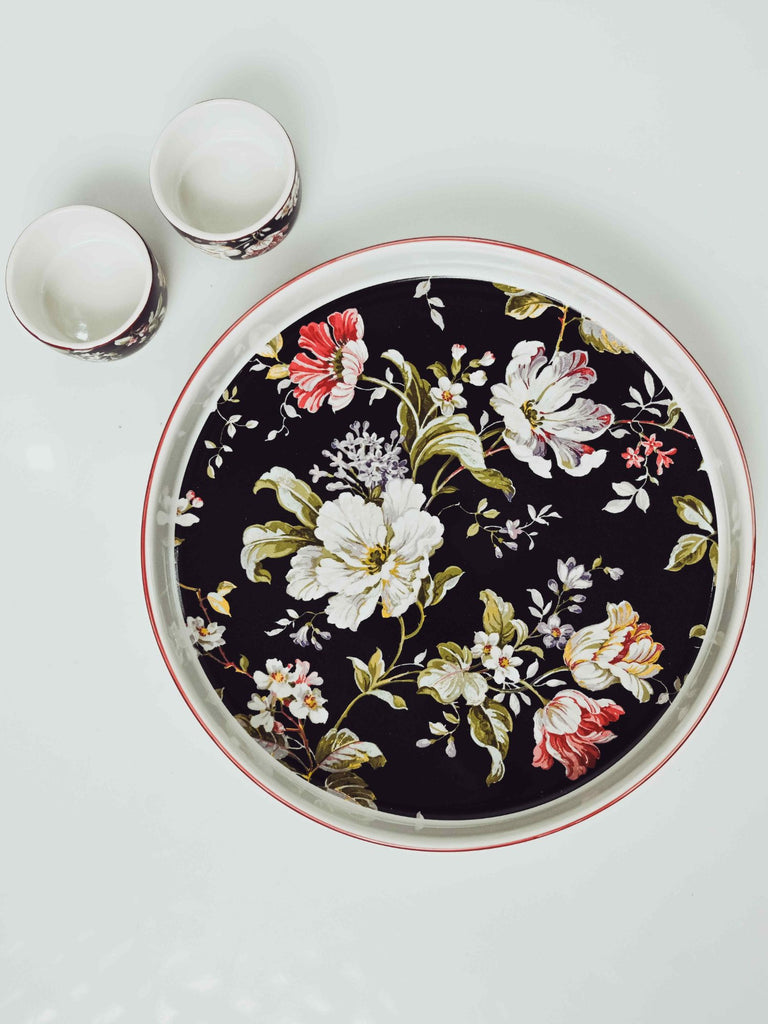 Elements of Piharwa Flower printed Dinnerware plate with two small bowl Black