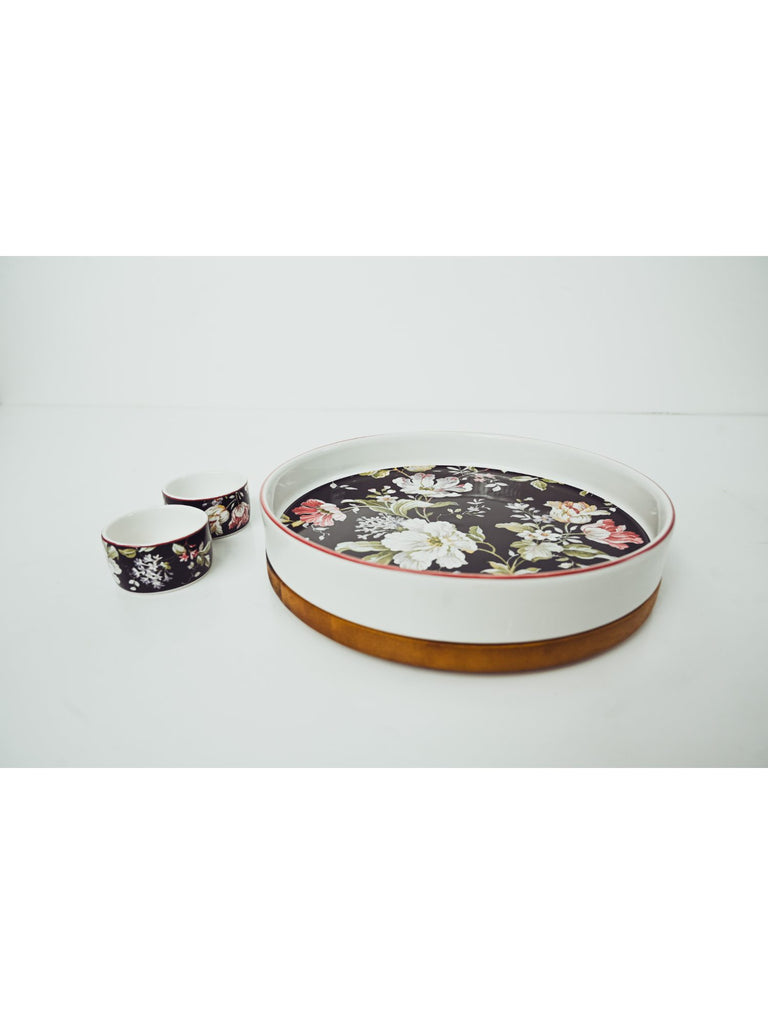 Elements of Piharwa Flower printed Dinnerware plate with two small bowl