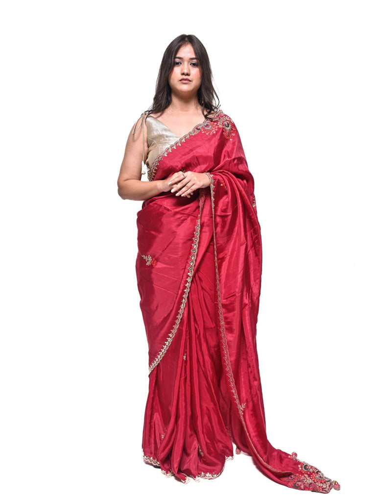 Piharwa Red Crepe Silk Saree With Cut Dana Work