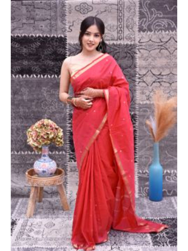 Piharwa Beautiful Red Silk Polka Dot Saree With Golden Zari