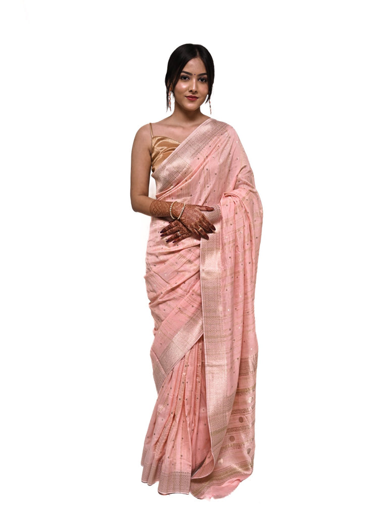Piharwa Elegant Pink Tussar Silk Saree With Golden Zari
