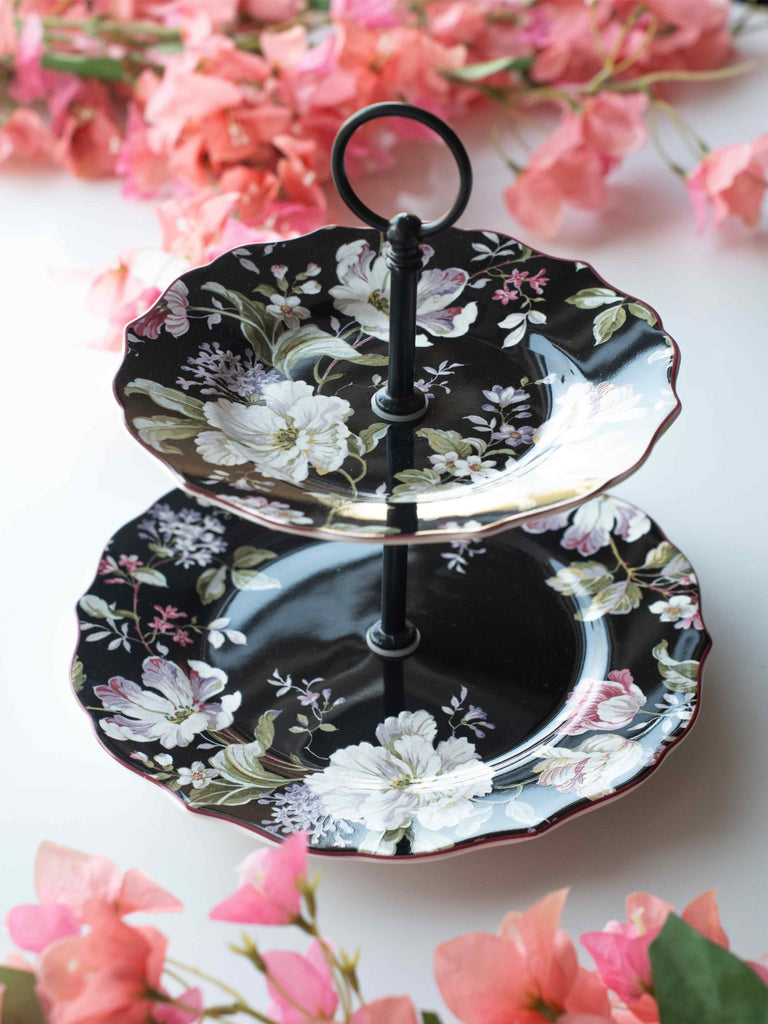 Elements of Piharwa Black Floral 2 Tier Porcelain Platter