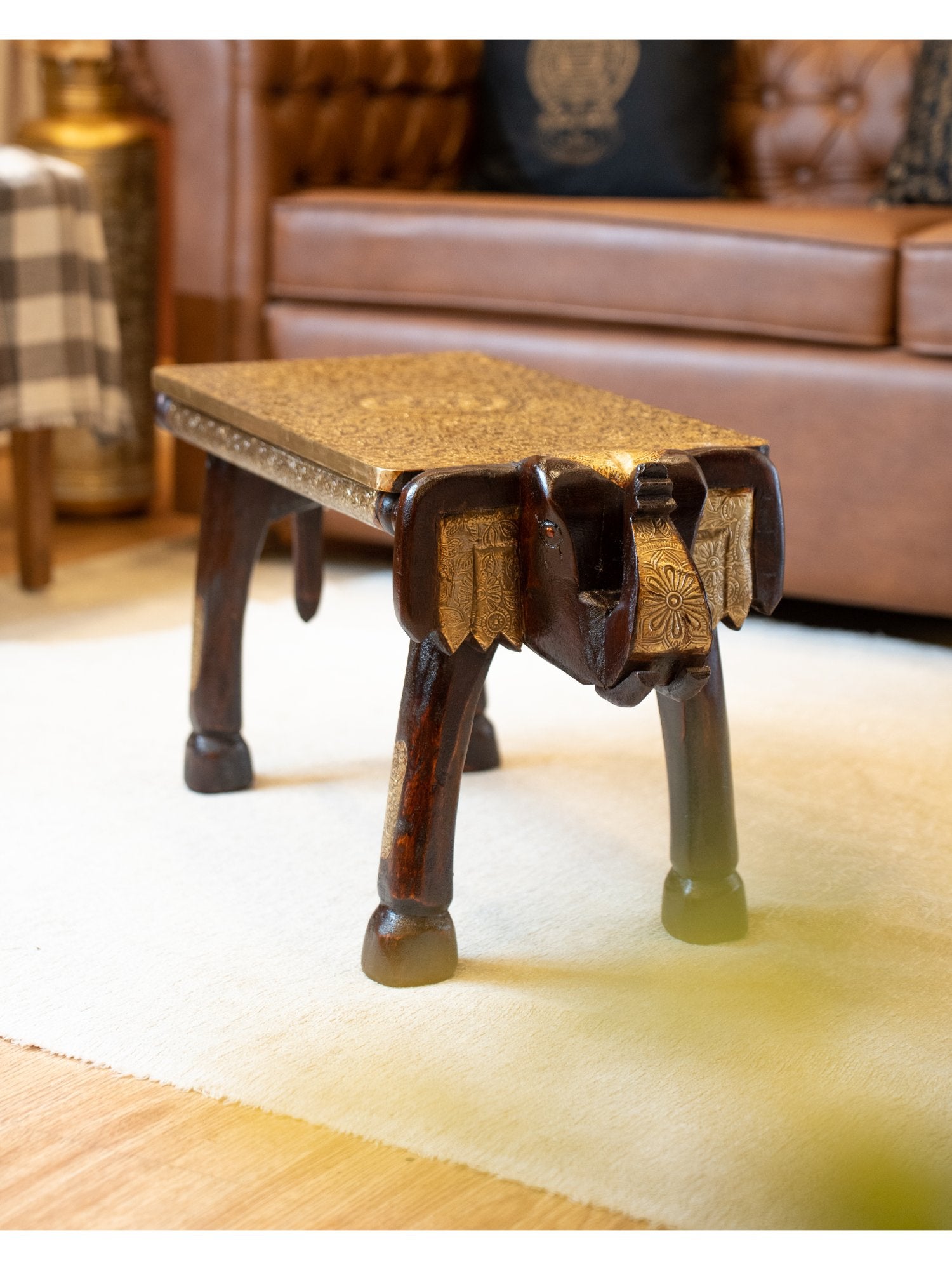 Elements of Piharwa Brass engraved mango wood elephant stool