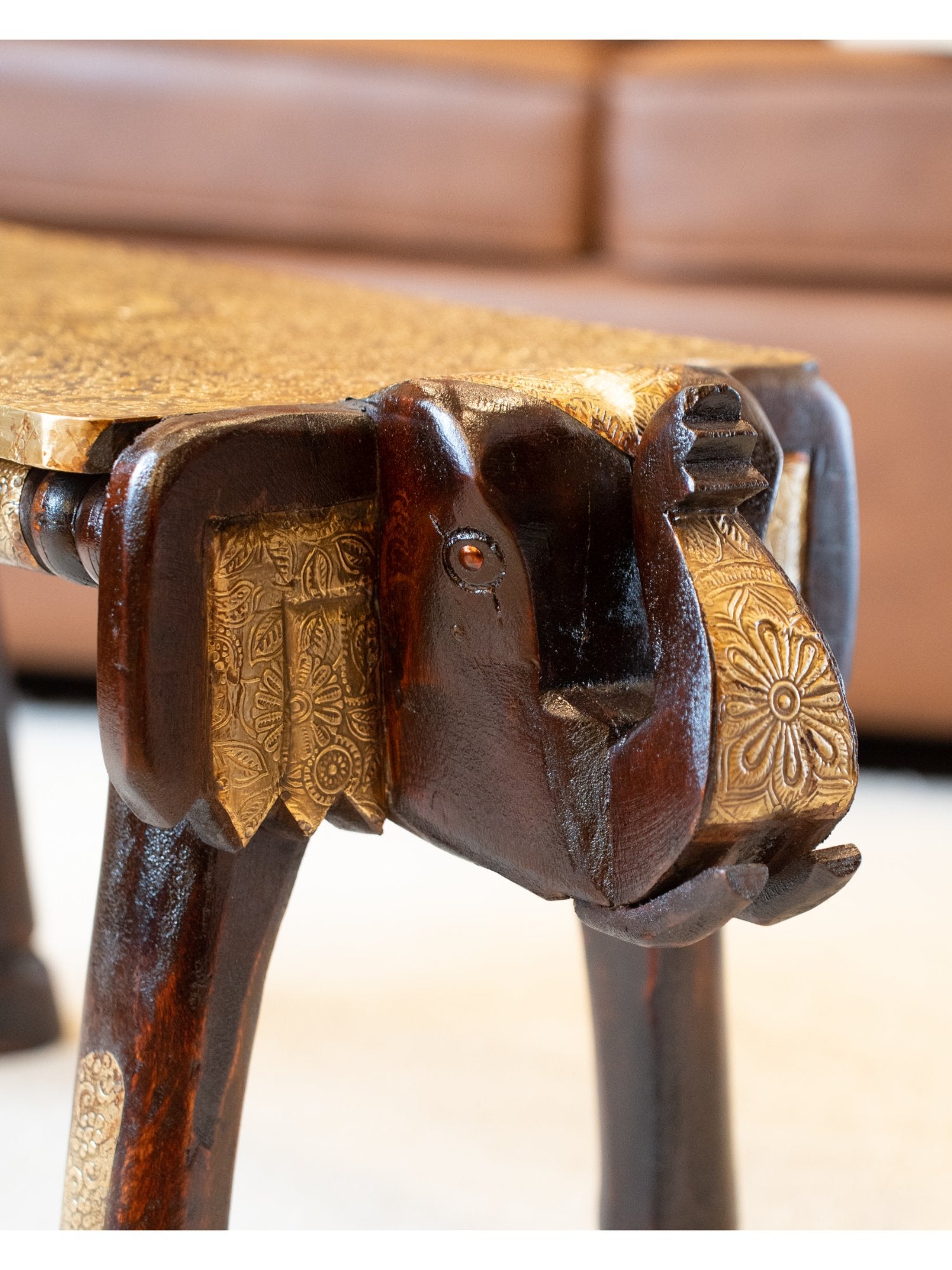 Elements of Piharwa Brass engraved mango wood elephant stool