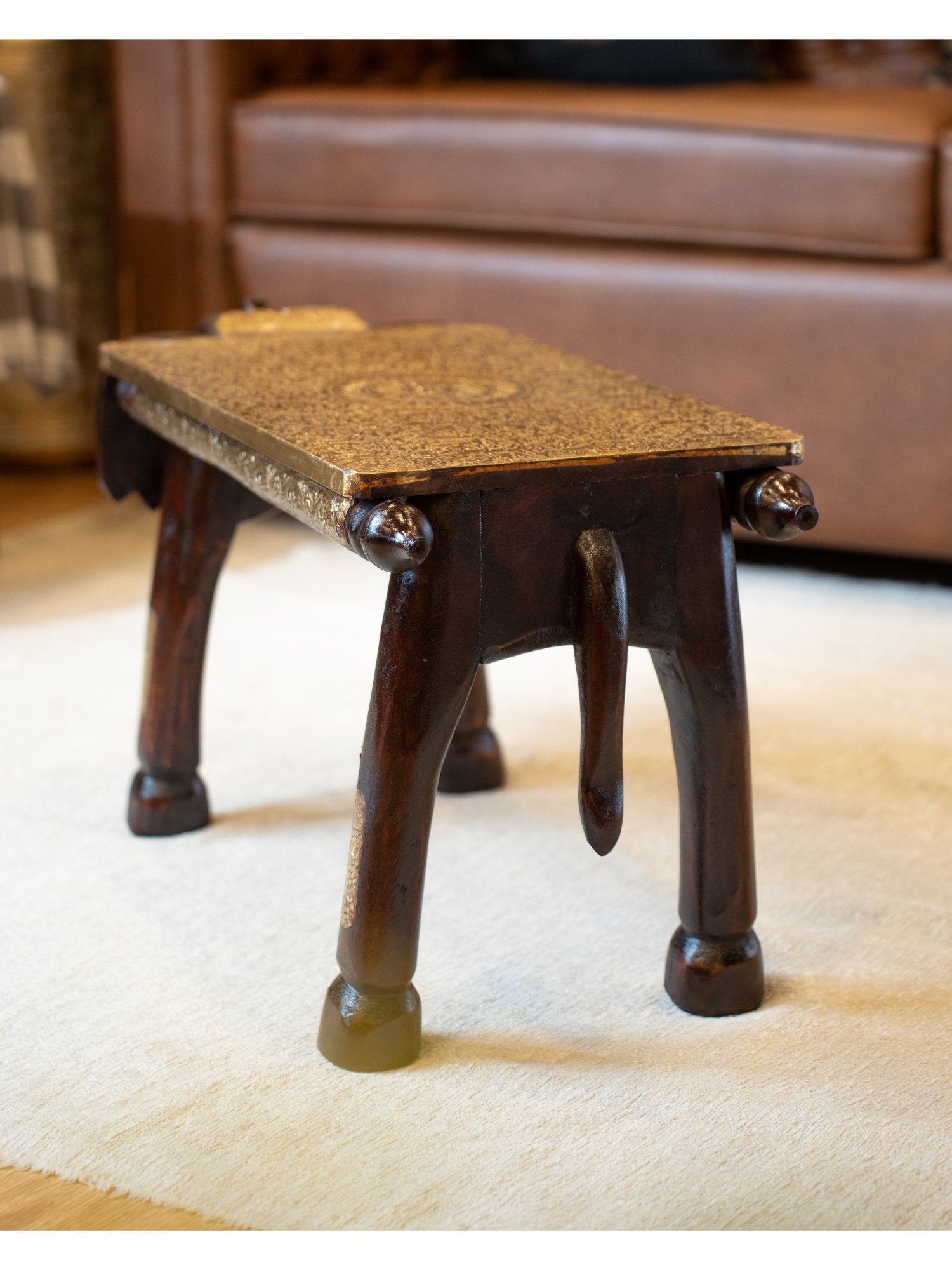 Elements of Piharwa Brass engraved mango wood elephant stool