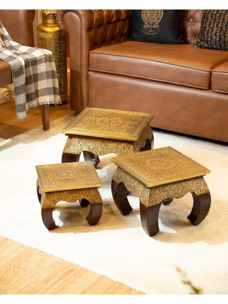 Elements of Piharwa Brass engraved traditional stools - (set of 3)