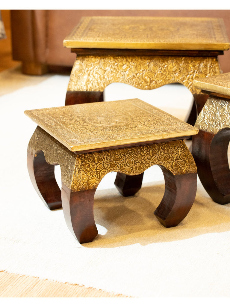 Elements of Piharwa Brass engraved traditional stools - (set of 3)