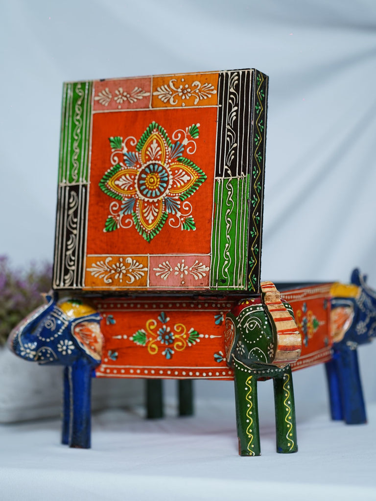 Elements of Piharwa Colorful Four Face Elephant Wooden Box with Legs