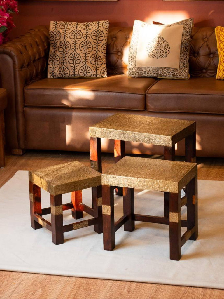 Elements of Piharwa Brass fitted wooden stool (set of 3)