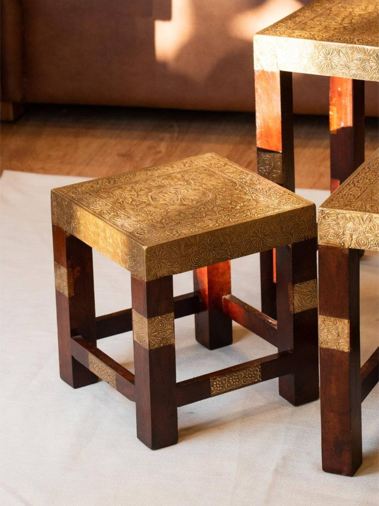 Elements of Piharwa Brass fitted wooden stool (set of 3)