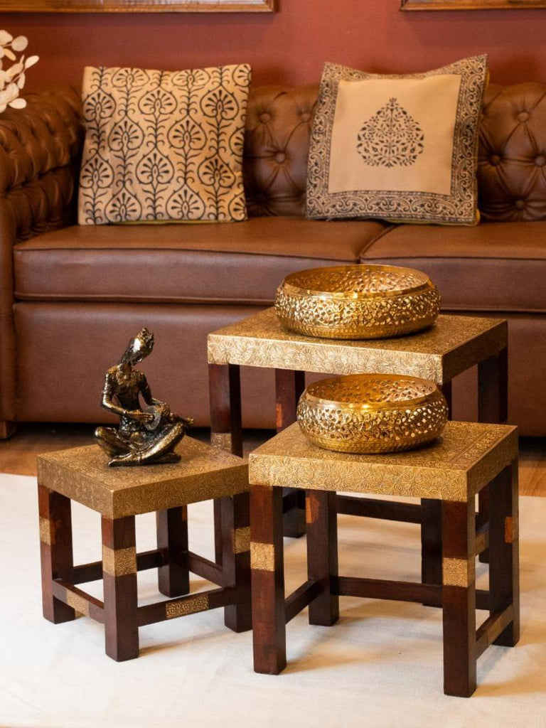 Elements of Piharwa Brass fitted wooden stool (set of 3)