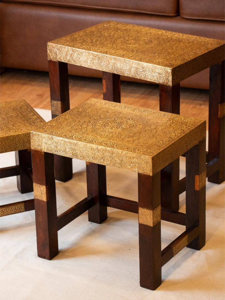 Elements of Piharwa Brass fitted wooden stool (set of 3)