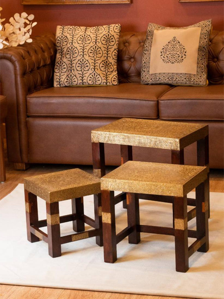 Elements of Piharwa Brass fitted wooden stool (set of 3)