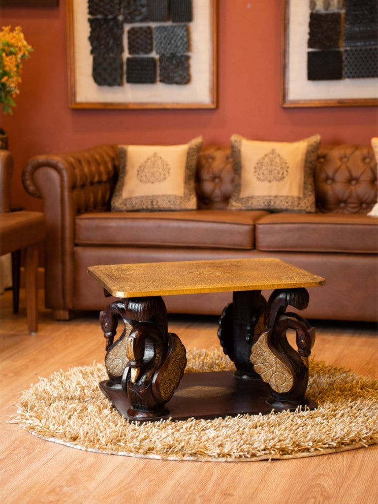 Elements of Piharwa Brass inlaid Wooden Table with peacock legs