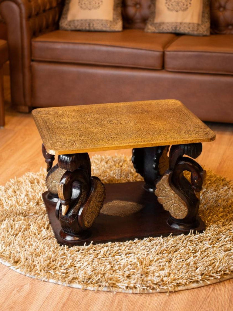 Elements of Piharwa Brass inlaid Wooden Table with peacock legs