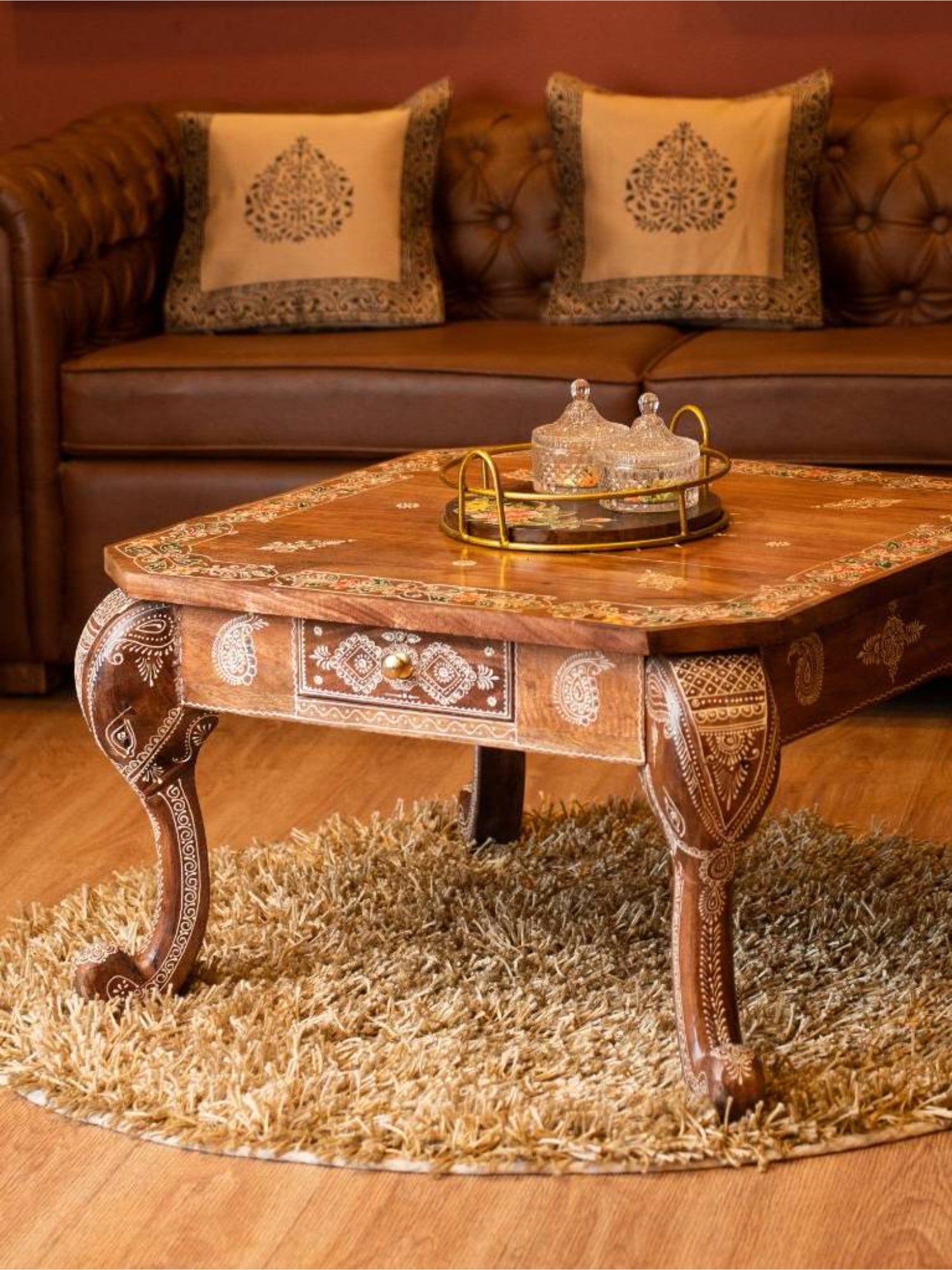 Elements of Piharwa Elephant table with polish embossed Wooden