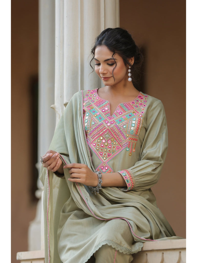 Piharwa Pista Green Thread and Mirror Work Kurta