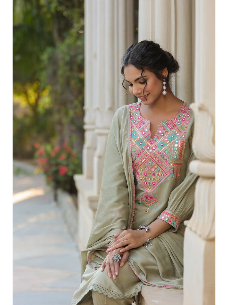 Piharwa Pista Green Thread and Mirror Work Kurta